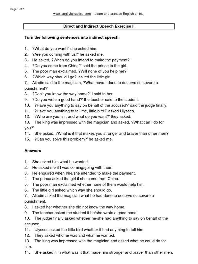 worksheet on direct and indirect speech with answers