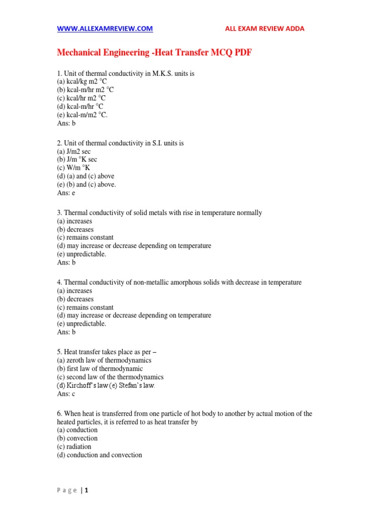 Heat Transfer MCQ for Mechanical Engineers | PDF | Heat Transfer ...