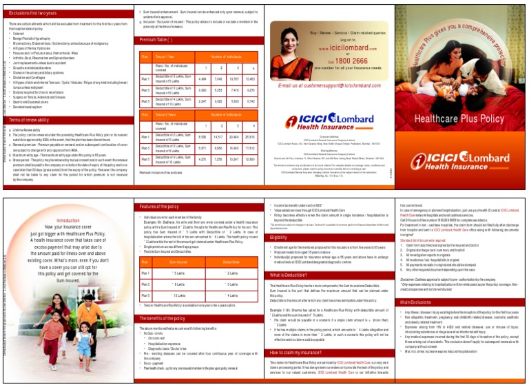 Healthcare Plus Policy Icicilombard 1800 2666 PDF Deductible Insurance