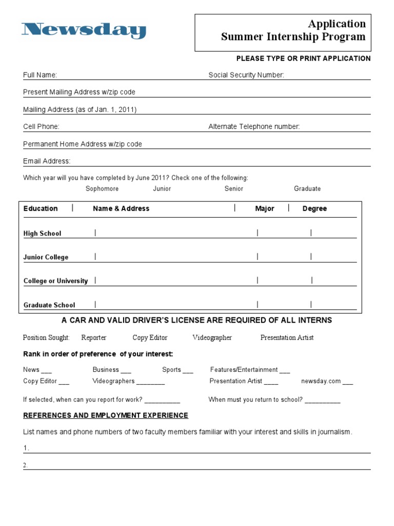 2011 Summer Internship Application | PDF