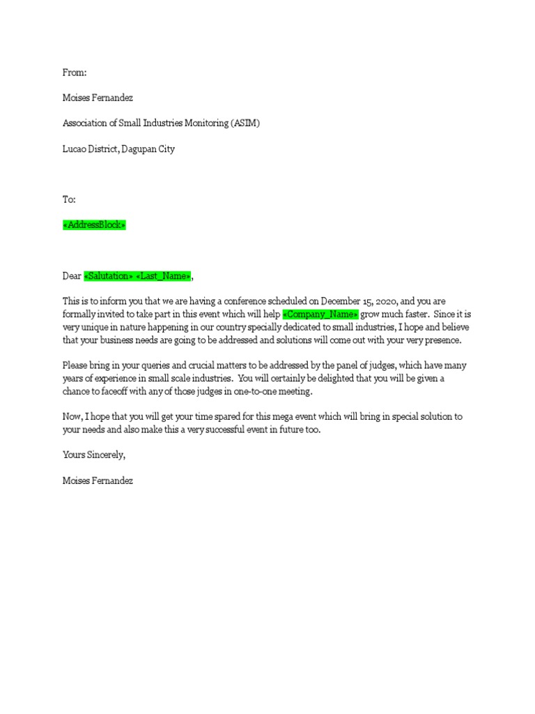Mail Merge Sample Letter | PDF