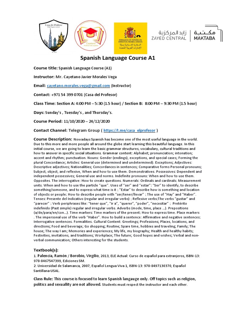 A1 Spanish Language Course Overview | PDF | Verb | Pronoun