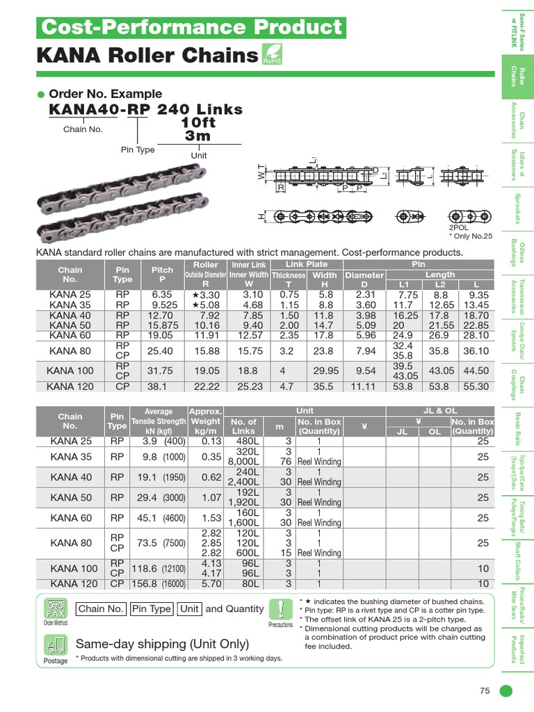 KANA Roller Chains KANA40RP 240 Links 10ft 3m PDF Mechanical Engineering Manufactured Goods