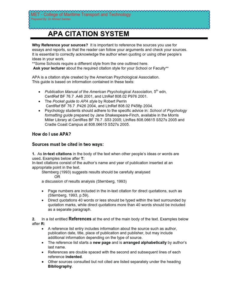 Apa Citation System: MET - College of Maritime Transport and Technology ...