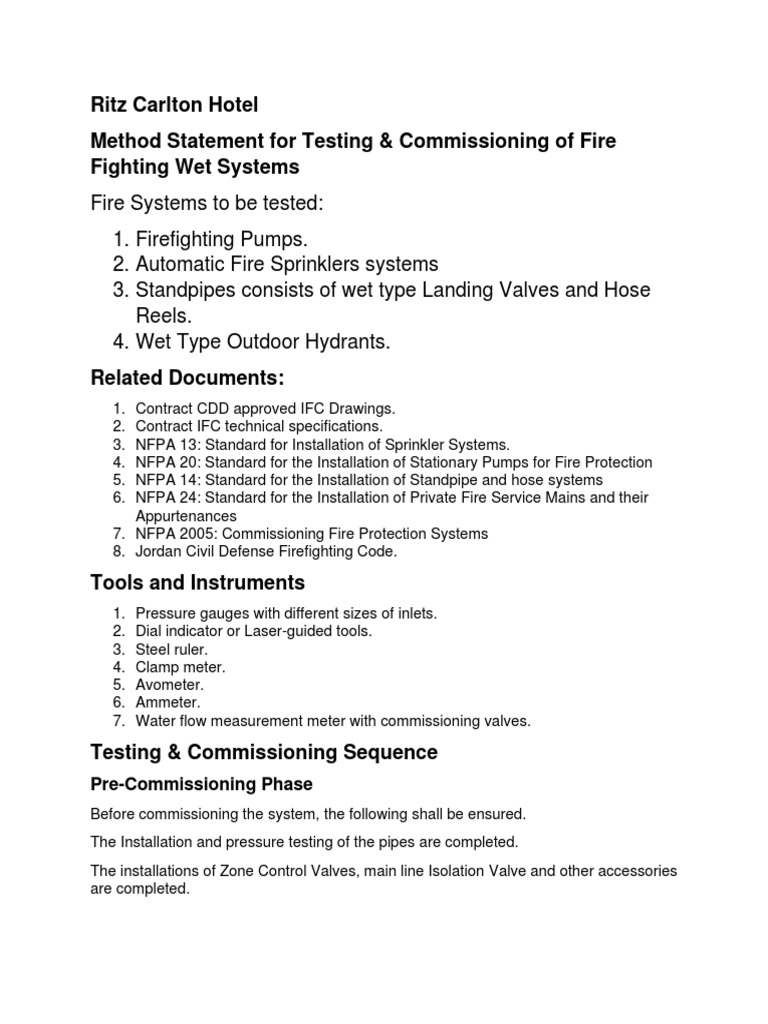 General Firefighting Wet Systems Method Statement For Testing ...