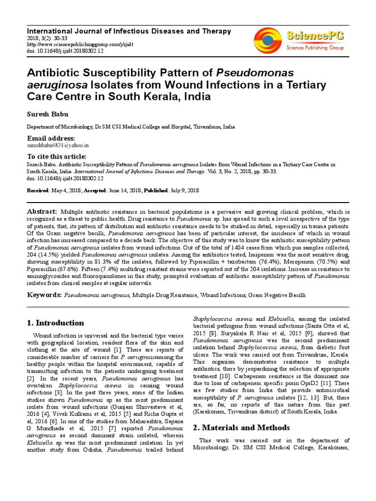 Antibiotic Susceptibility Pattern of Pseudomonas Care Centre in South ...
