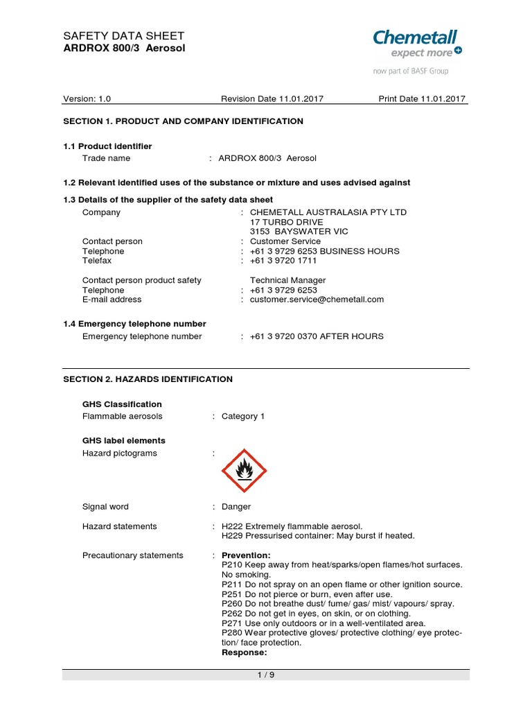 Ardrox 800 3 Aerosol SDS 2017 PDF Toxicity Dangerous Goods