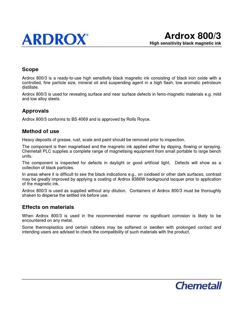 Ardrox Black Ink S800 3 TDS Surechem Chemetal | PDF | Ink | Materials