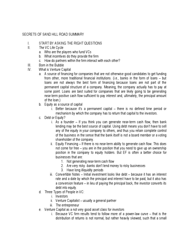 Secrets of Sand Hill Road Summary PDF Venture Capital Corporate