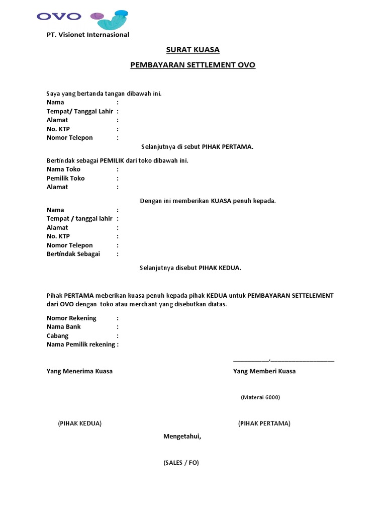 Surat Kuasa Settlement Ovo Terbaru