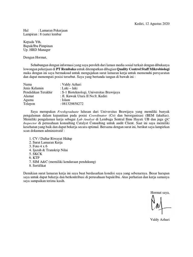 Download 77+ Contoh Surat Lamaran Kerja Sebagai Qc Terbaru Gratis