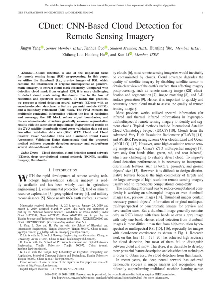 Cdnet: Cnn-Based Cloud Detection For Remote Sensing Imagery | PDF ...