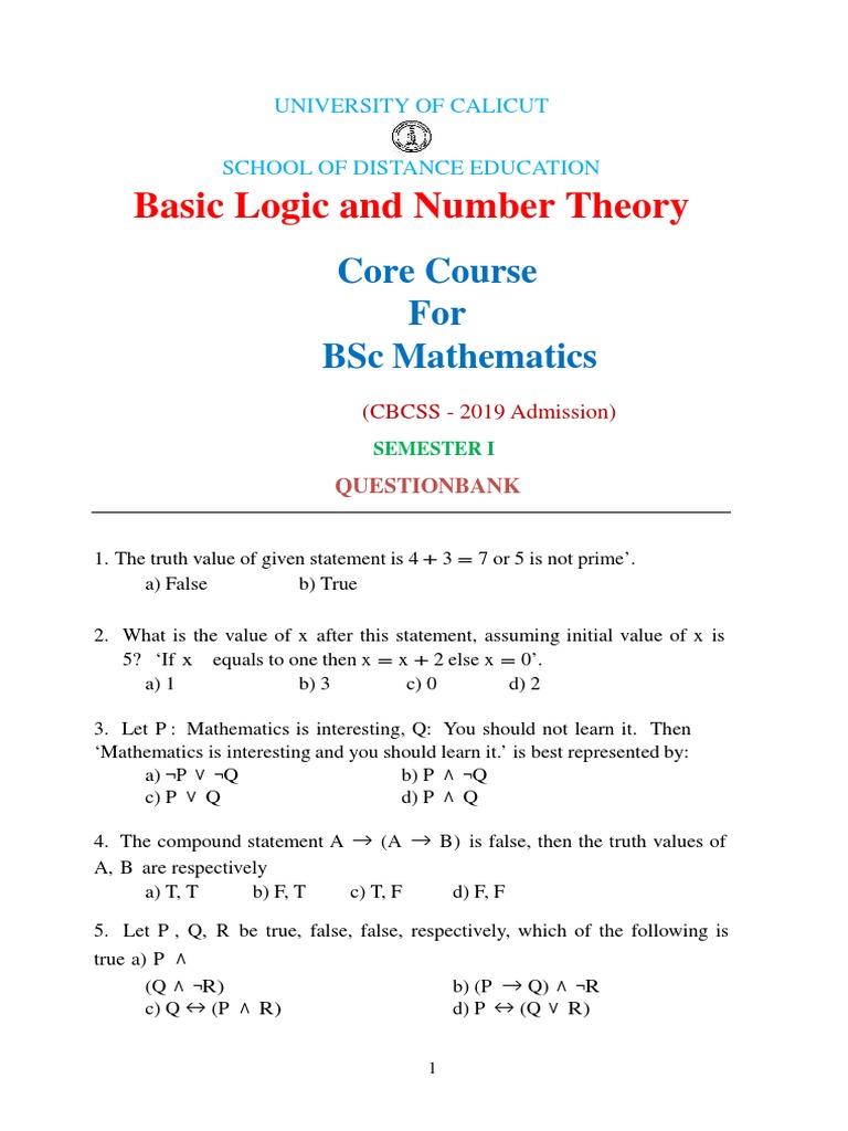 Mcq Basic Logic And Number Theory B Sc Mathematics Mathematical Proof Mathematical Logic