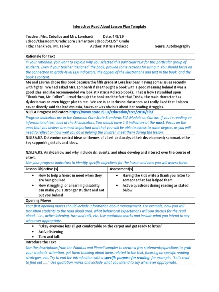 Interactive Read Aloud Lesson Plan Template | PDF | Lesson Plan ...