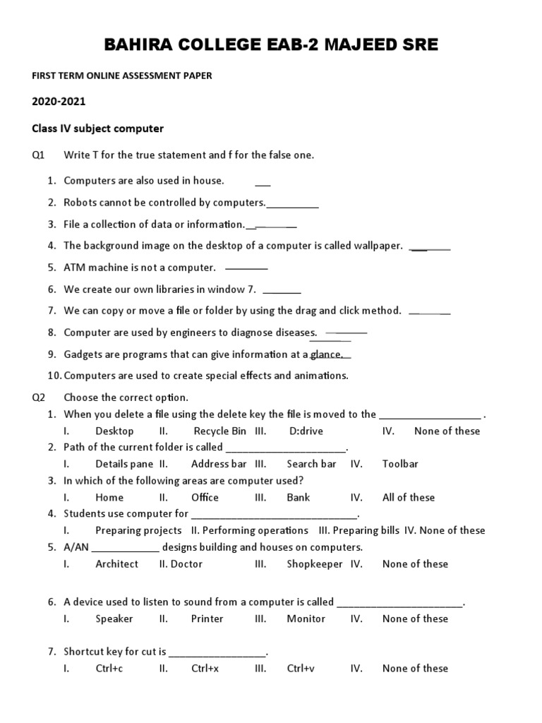 Class IV Computer Assessment 2020-21 | PDF | Computer File | Computer ...