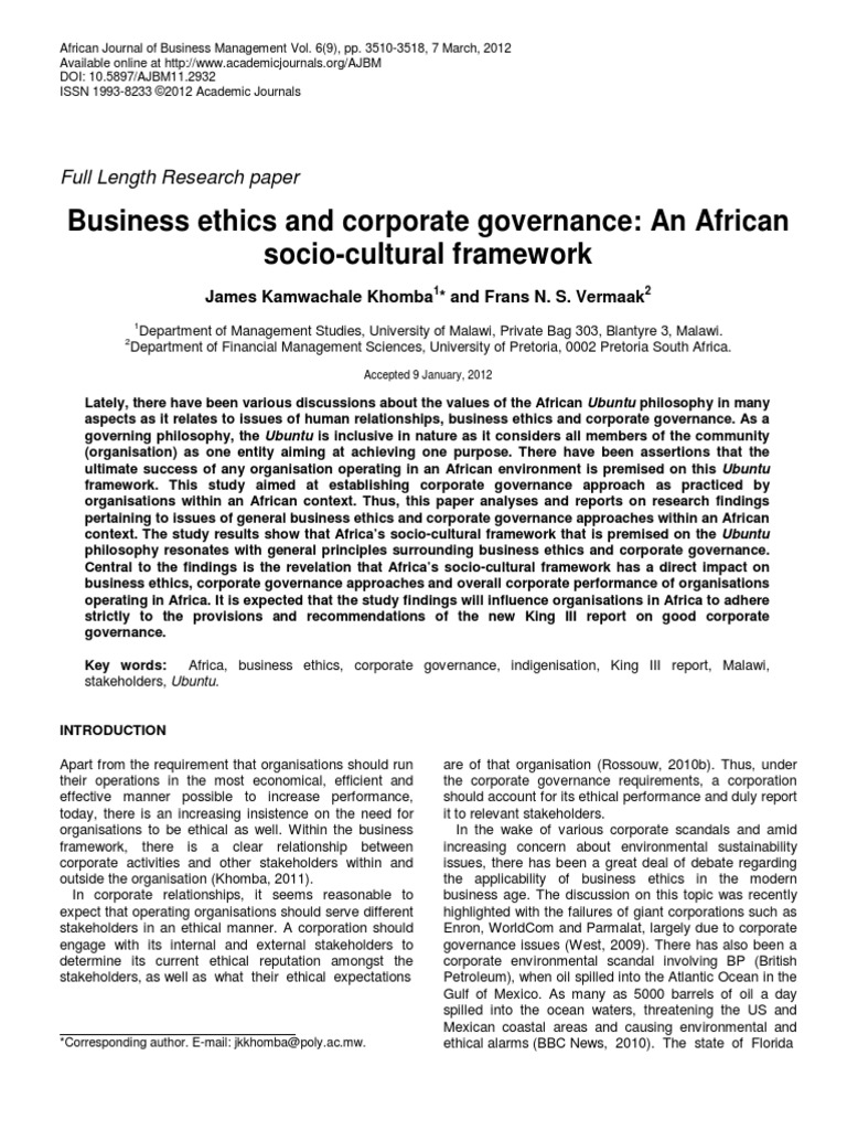 Rr Business Ethics Of African Social Cultural Frame Work Governance Corporate Governance