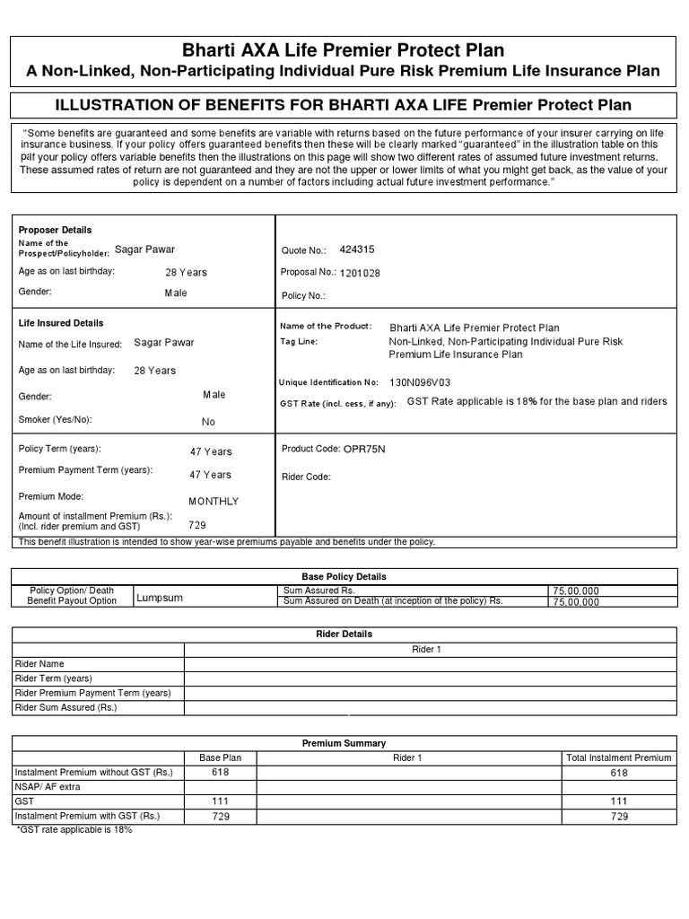 Bharti AXA Life Premier Protect Plan PDF Life Insurance Insurance