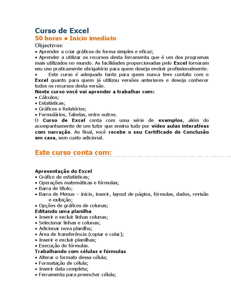 Curso Completo de Excel do Zero ao Expert | PDF | Microsoft Excel ...