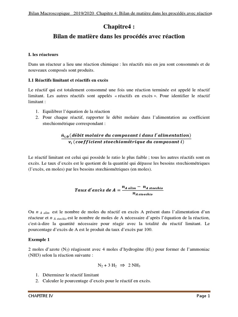 Bilan de matière en procédés chimiques | PDF | Stœchiométrie | La ...