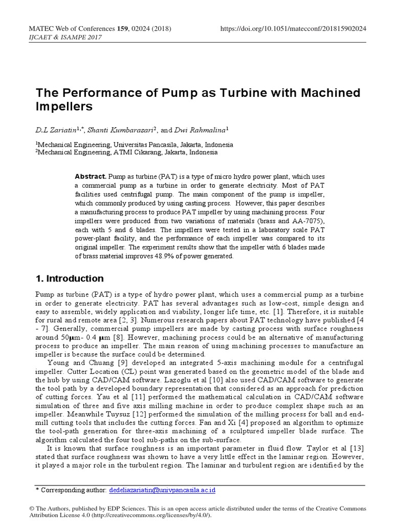 The Performance of Pump As Turbine With Machined Impellers2018MATEC Web ...