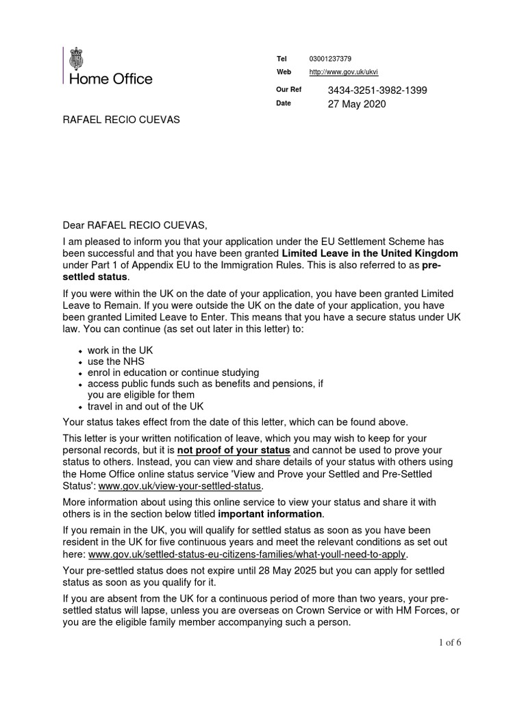 Grant of limited leave to remain in the uk under the eu settlement