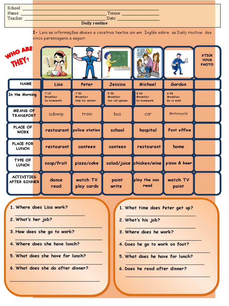Daily Routines of Five Characters | PDF | Lunch | Eating Behaviors