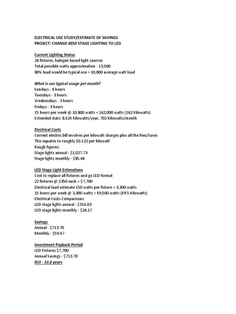 Electrical Use Study/Estimate of Savings Project: Change 6050 Stage ...