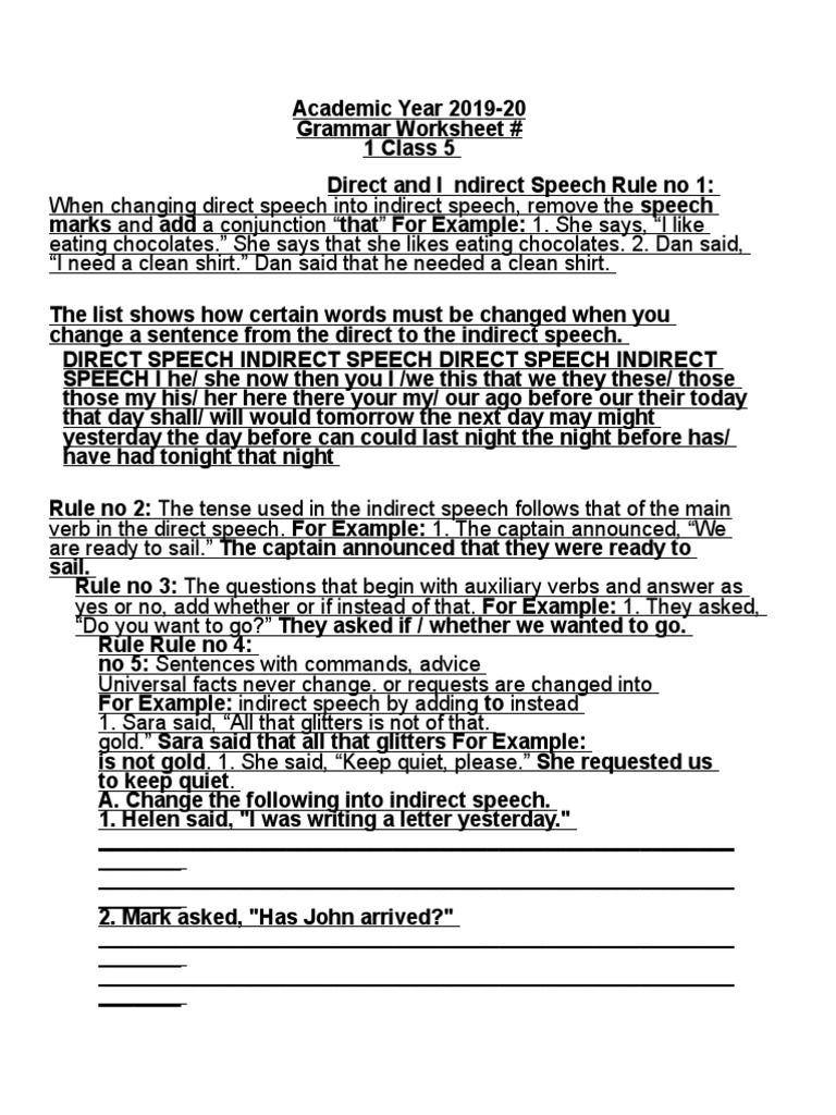 Direct and Indirect Speech Worksheet | PDF | Languages | Language Arts ...