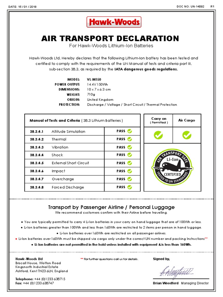 VL-M150 - Air Transport Declaration | PDF | Lithium Ion Battery ...