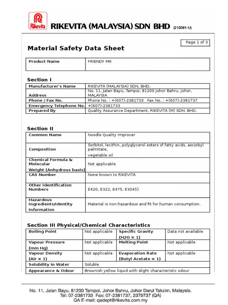 Rikevita FRIENDY MR MSDS Document | PDF | Hygiene | Water