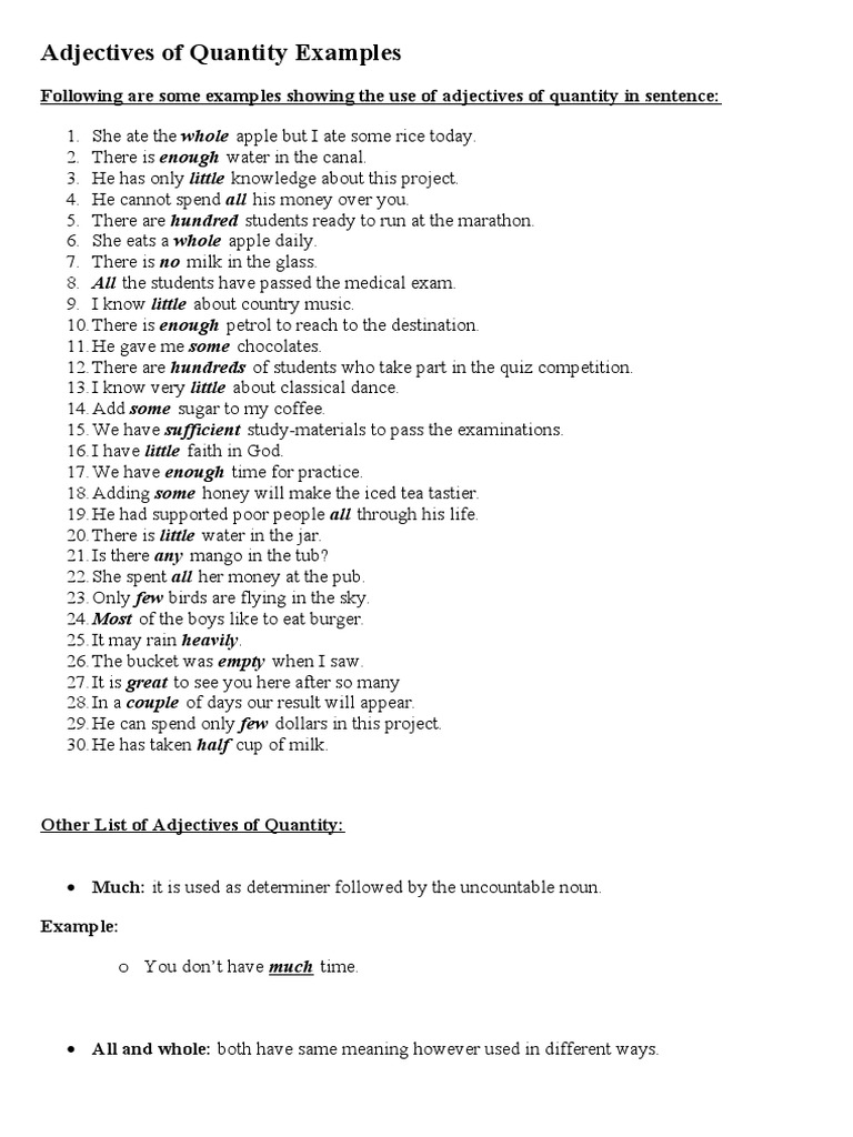 Adjectives of Quantity Examples | PDF | Beverages | Foods