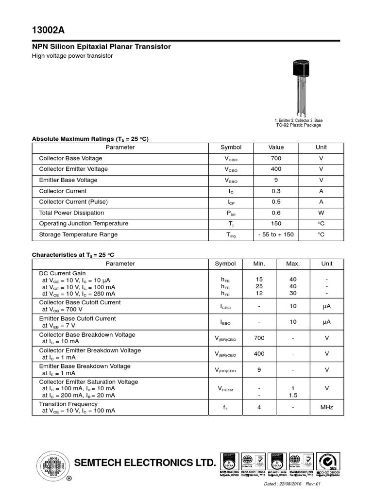 NPN Silicon Epitaxial Planar Transistor: Semtech Electronics LTD | PDF ...
