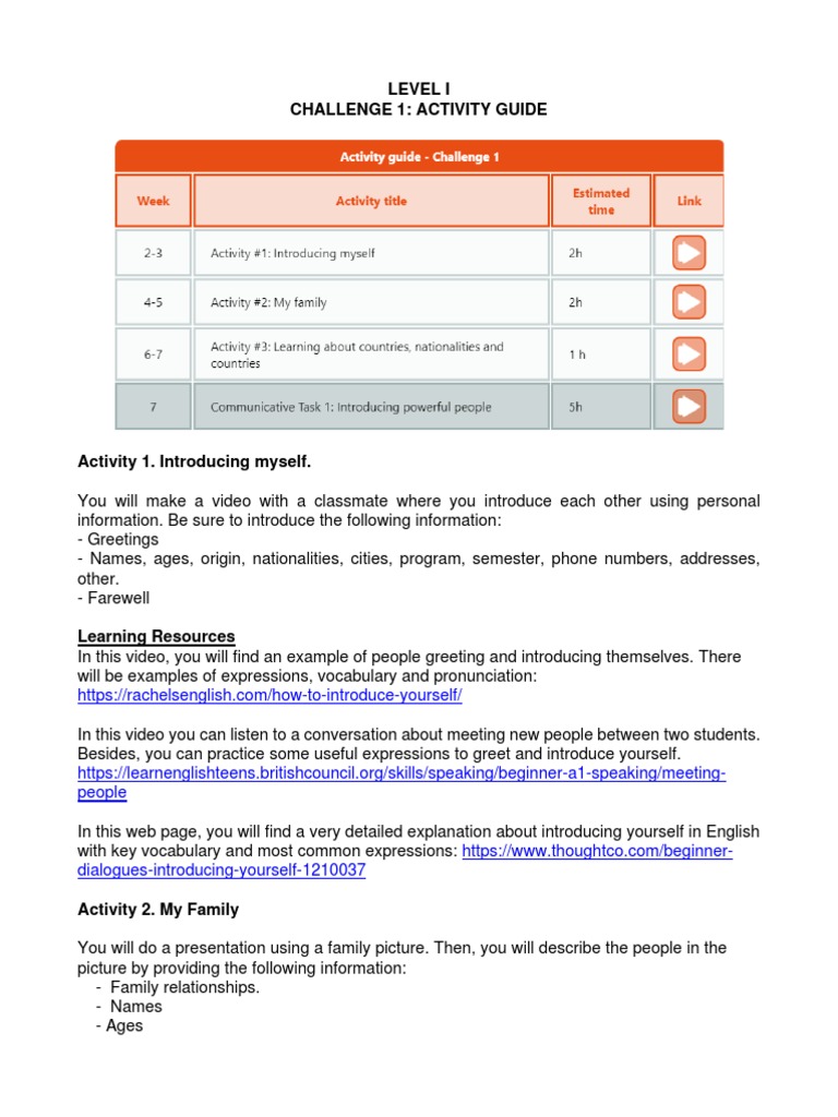 ACTIVITY GUIDE Challenge 1 LEVEL 1 | PDF | Vocabulary | World Wide Web