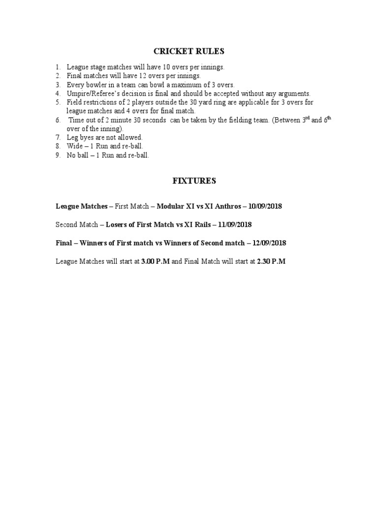 Cricket Match Rules and Fixtures | PDF