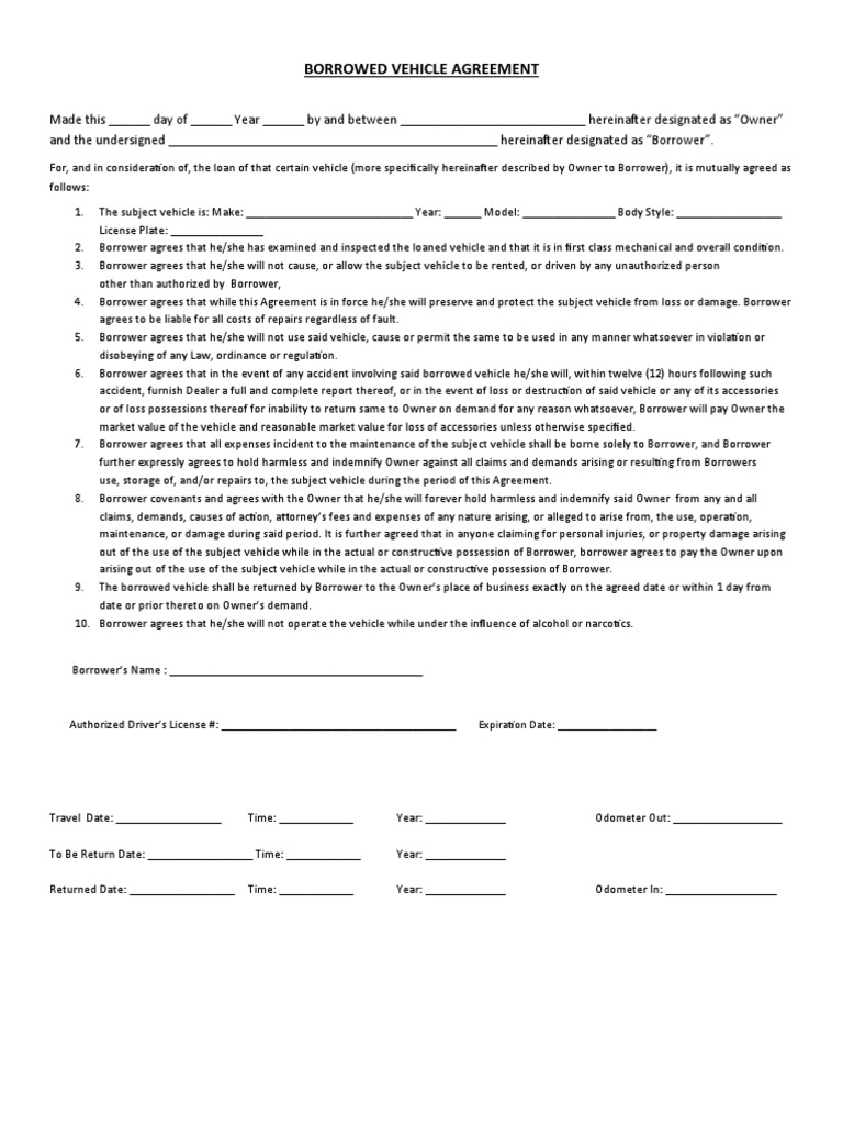 borrowed car agreement form pdf california
