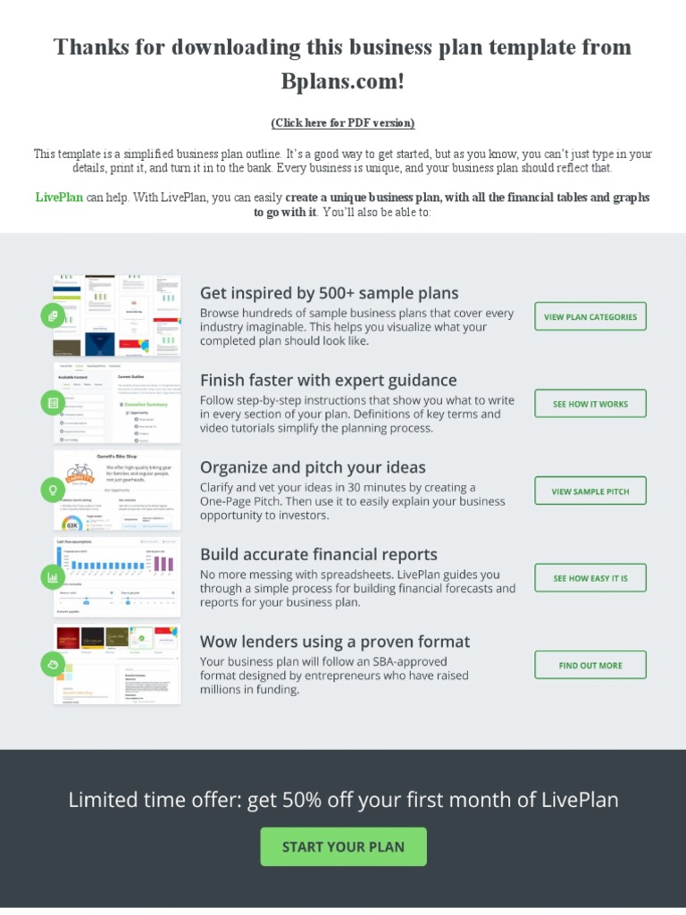 Thanks For Downloading This Business Plan Template From: Liveplan PDF