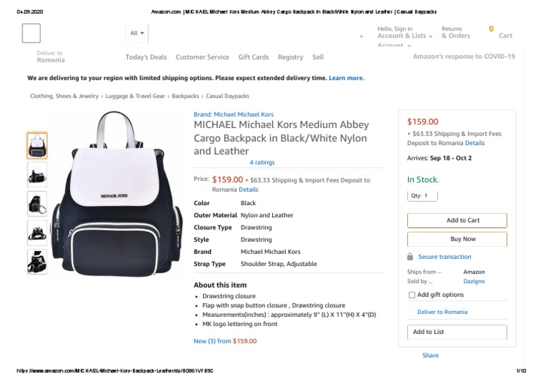 MICHAEL Michael Kors Medium Abbey Cargo Backpack in Black White Nylon and Leather Casual