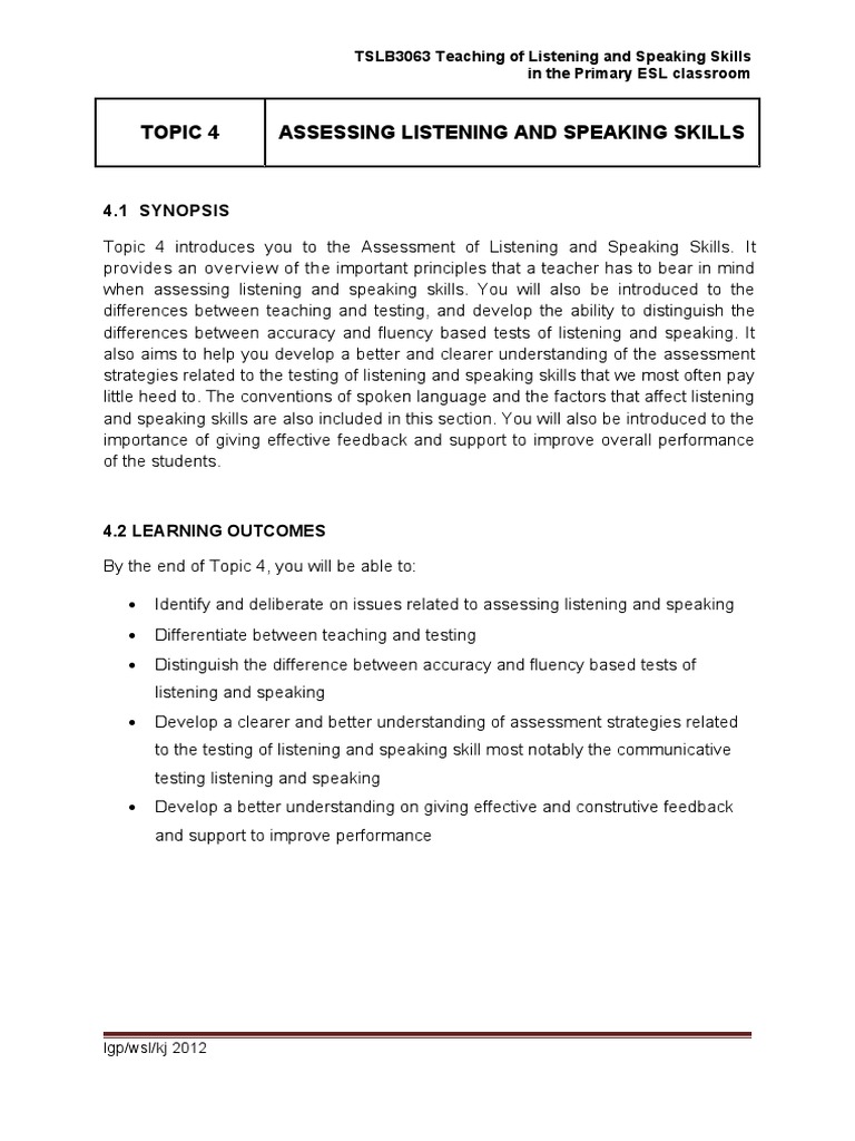 Assessing ESL Listening and Speaking Skills | PDF | Educational ...