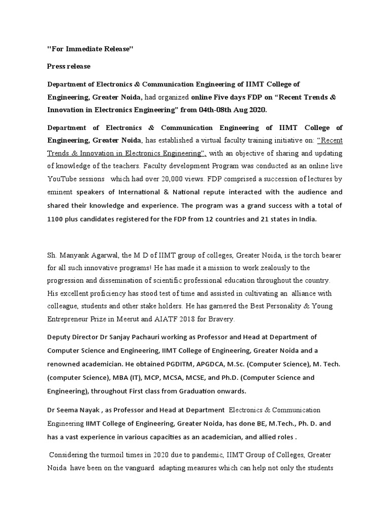 Ec Press Release | PDF | Preschool | Engineering