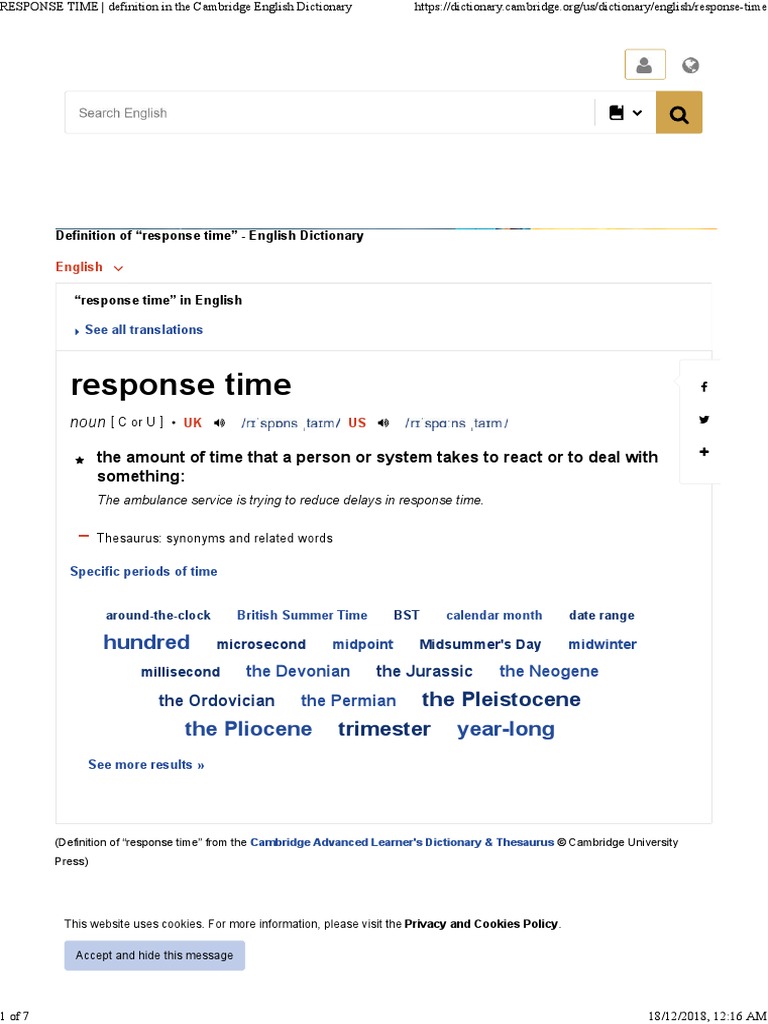 RESPONSE TIME Definition in The Cambridge English Dictionary
