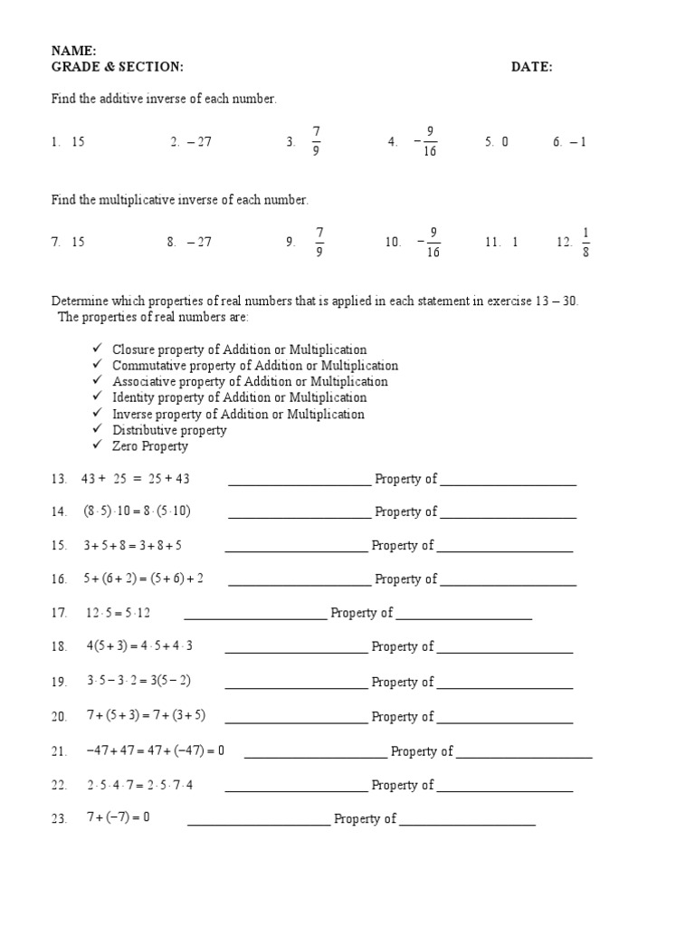 1 2 Practice Properties Of Real Numbers Worksheet Answers