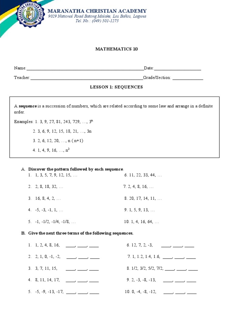 Math 10: Sequences Lesson | PDF