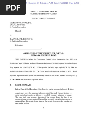 Alper Automotive v. Day to Day Imports - Order Granting Summary Judgment
