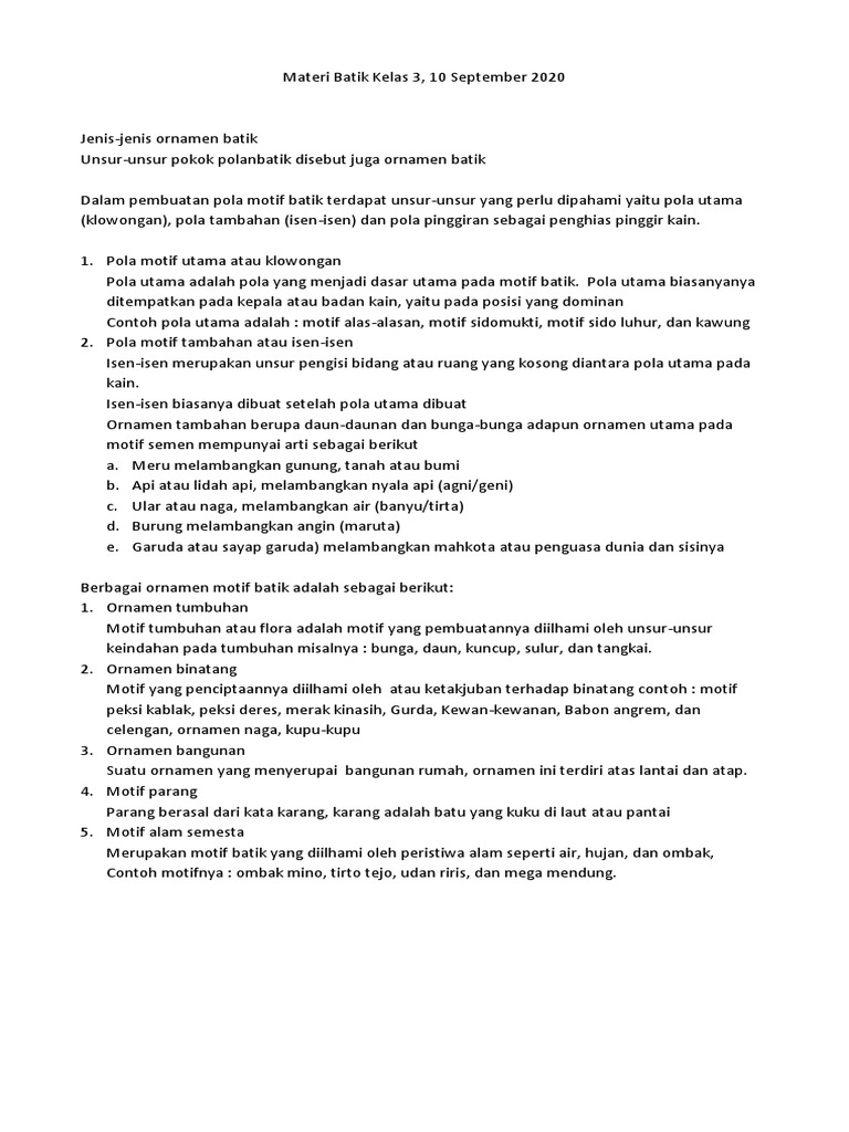 Materi Batik Kelas 3 10 September 2020 1 Pdf