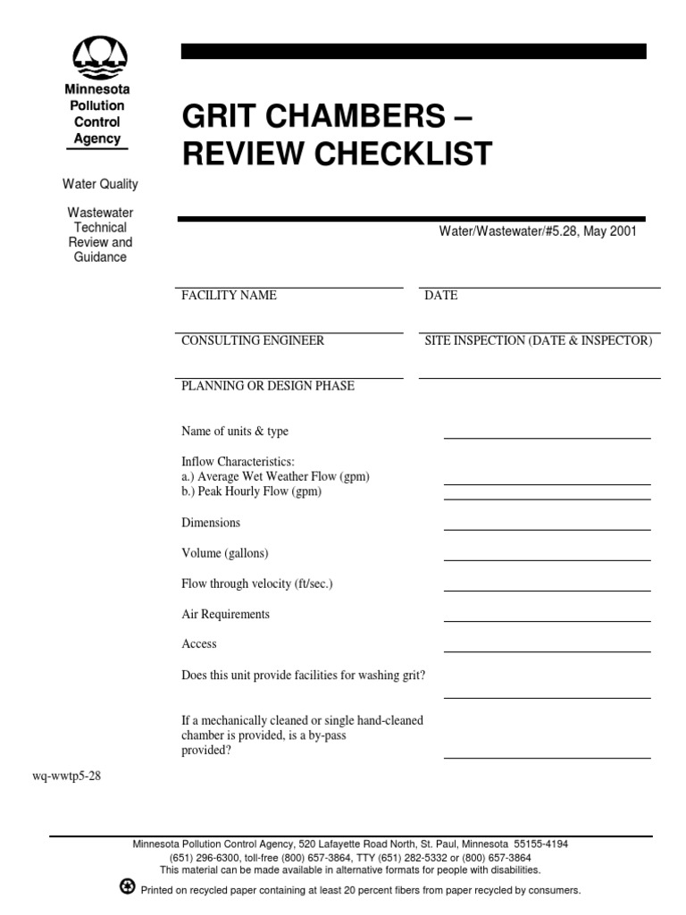Grit Chambers Review Checklist Guide | PDF | Technology & Engineering