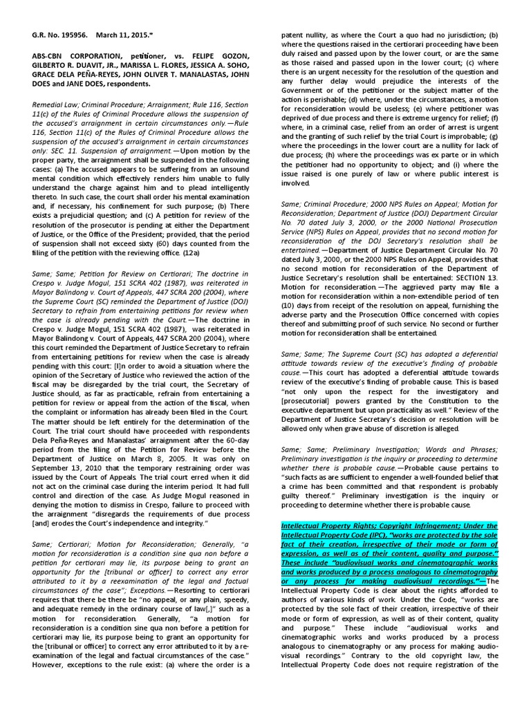 ABSCBN Corporation vs. Gozon, 753 SCRA 1, G.R. No. 195956 March 11