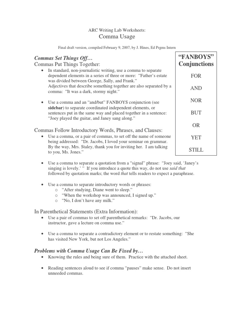 worksheet Comma Usage Worksheet comma usage worksheet rules