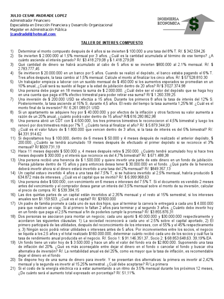 Taller Int Compuesto COMPLETO | Descargar gratis PDF | Interés | Bancos