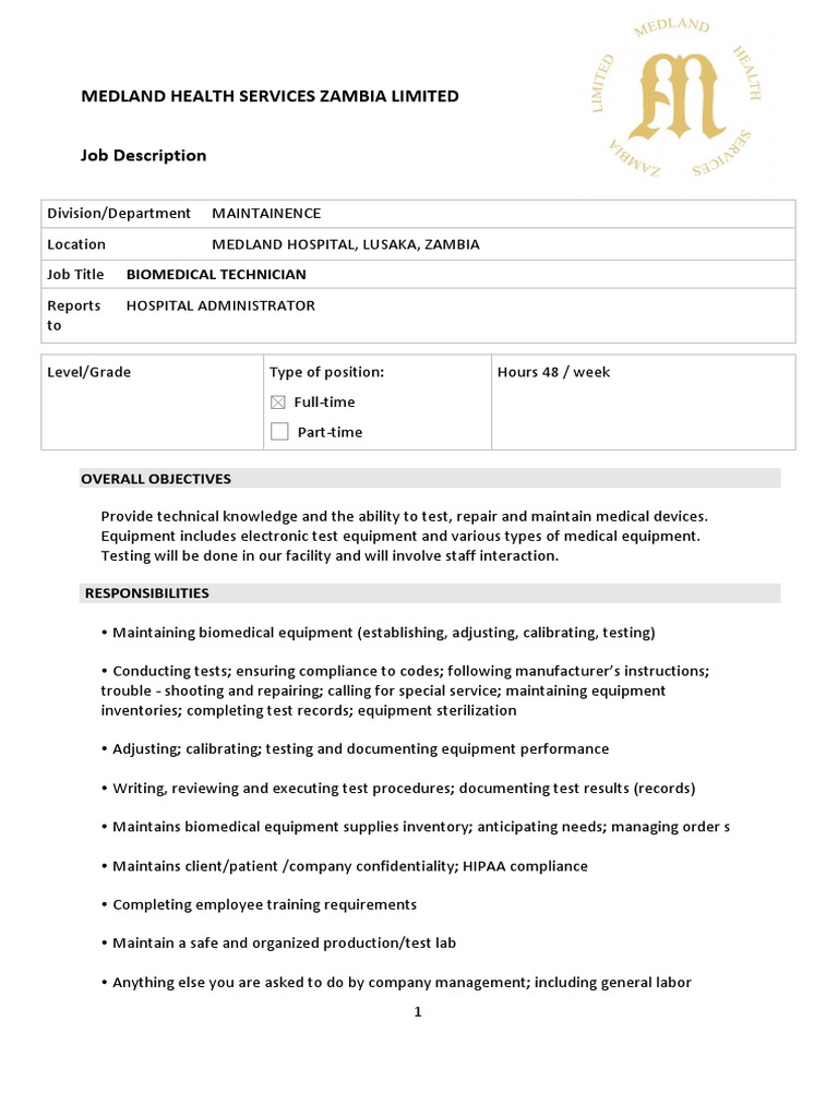 Biomedical Technician Job Description | PDF | Confidentiality ...