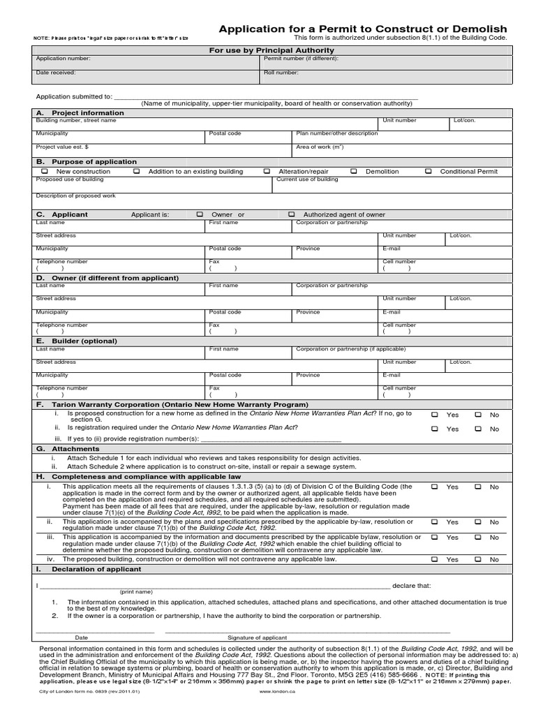 Application For A Permit To Construct or Demolish: For Use by Principal ...
